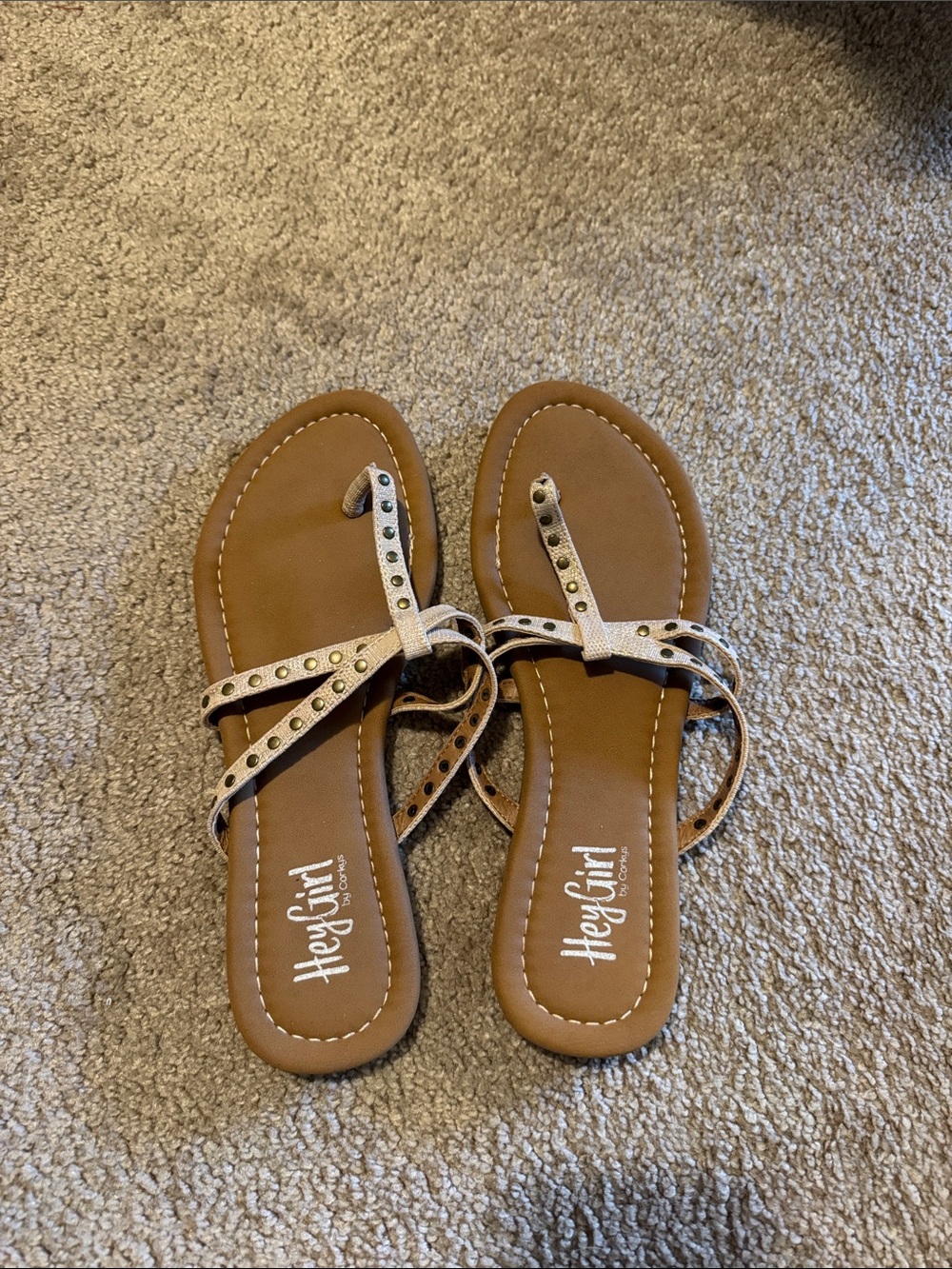 Hey Girl Tan Studded T-Strap Sandals - Women's